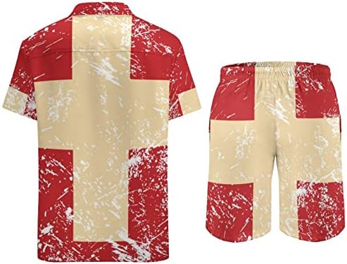 Isviçre Retro Bayrağı Erkekler 2 Parça Hawaii Seti Düğmeli Kısa Kollu Gömlek plaj pantolonları Gevşek Fit Tees Eşofman