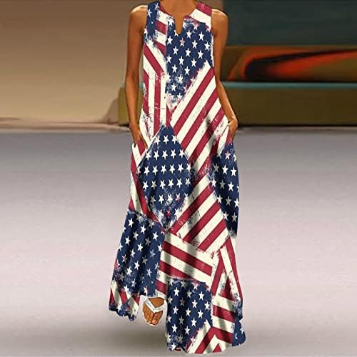 HCJKDU 4th Temmuz Elbiseler Kadınlar için Bağımsızlık Günü Gevşek V Boyun Kolsuz Maxi Elbise Amerikan Bayrağı Sundress Cepler