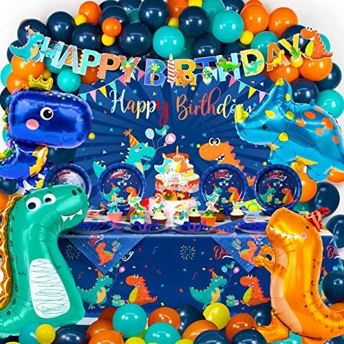 HJINGY 265 PCS Dinozor Parti Süslemeleri, Mavi Dinozor Doğum Günü Parti Malzemeleri için Erkek Dinozor Balonlar Dahil, Özelleştirilmiş