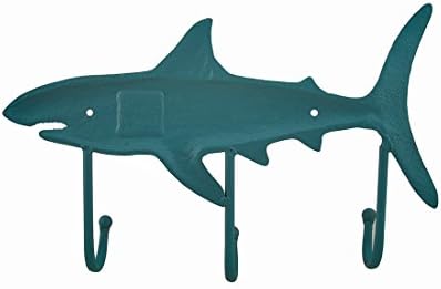 Zeckos Teal Mavi Dökme Demir Köpekbalığı Şekilli Dekoratif Duvar Kanca Raf Okyanus Deniz Dekor 12.5 İnç Uzun