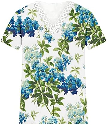 Tığ işi dantel Trim bluz kadınlar için moda Trendy Casual V boyun kısa kollu baskı gömlek üst