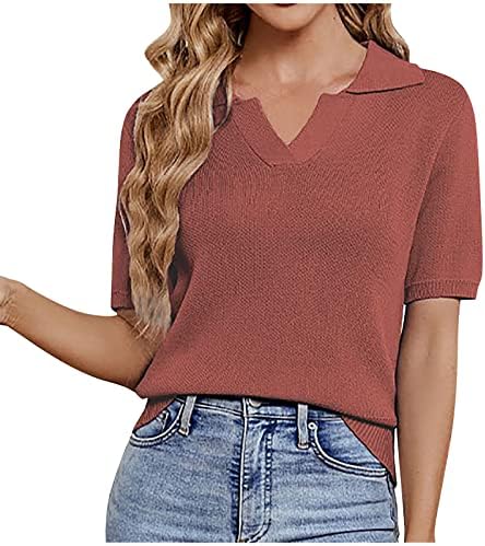 Kadın Örme Üstleri Yaz kısa kollu T Gömlek Gevşek V Yaka T-Shirt Katı Rahat Şık Bluzlar Tunikler Artı Boyutu