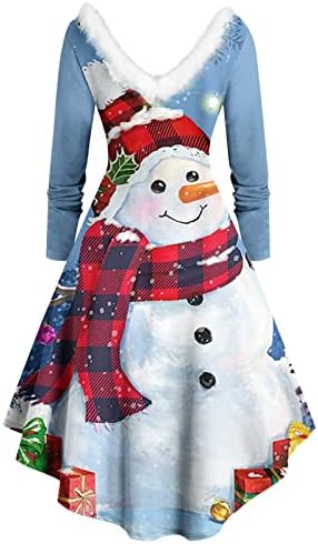 Bulanık V Boyun Elbise Kadınlar için Noel Sevimli Kardan Adam Baskı Flare A-Line Elbiseler Noel Kokteyl Tatil Parti Elbise
