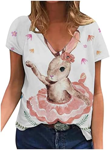 Kadın Yaz Üstleri 2023 Paskalya T-Shirt Sevimli Tavşan Kısa Kollu Tunik V Boyun Gevşek Gömlek Casual Tees Şık Bluz Tshirt