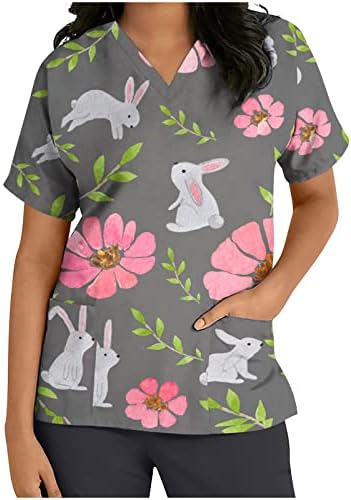 Bayan Çalışma Fırçalama Paskalya Bluzlar Kollu Bluzlar Derin V Boyun Spandex Gökkuşağı Çiçek Kawaii Hayvan Tavşan Bluzlar