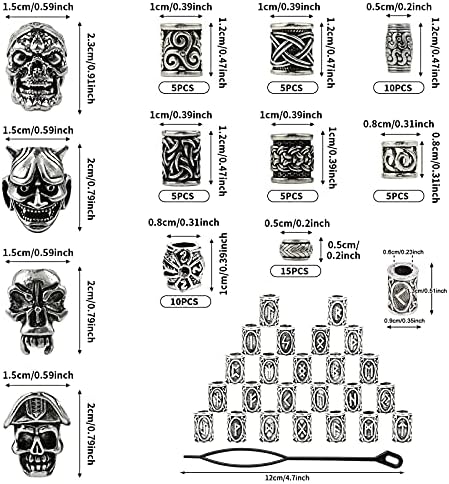 Showgeous 100 Adet Viking Sakal Boncuk Korsan Kafatası Dreadlocks Boncuk Antik İskandinav Vikings Runes saç Tüp Boncuk Gümüş