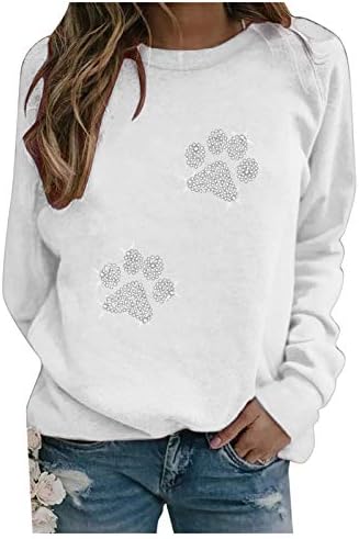 QTOCIO Bayan Rhinestones Tişörtü Sevimli Köpek Pençe Baskı Üstleri Uzun Kollu Gömlek Crewneck Tişörtleri Bayanlar Casual