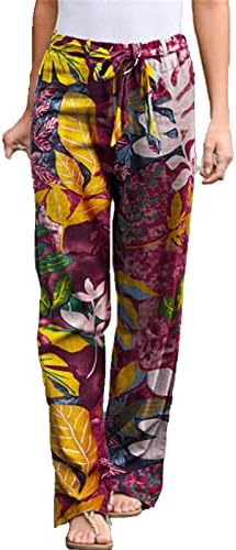 Maiyifu-GJ Kadınlar Çiçek Baskı Keten Kuşaklı Pantolon Elastik Yüksek Bel Baskılı Hippi Pantolon Rahat Plaj Geniş Bacak Salonu
