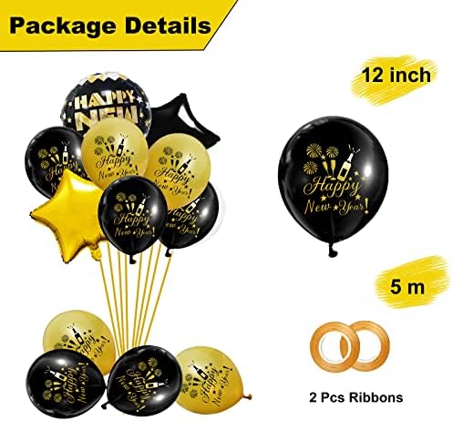 Yeni Yılınız Kutlu Olsun Dekorasyon Seti, 18 inç Siyah Altın Balon Seti, Folyo Balon, Lateks Balon, Kurdele, Dövme Çıkartma