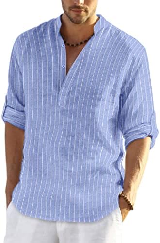 COOFANDY erkek Pamuk Keten Henley Gömlek Uzun Kollu Hippi Rahat Plaj T Shirt