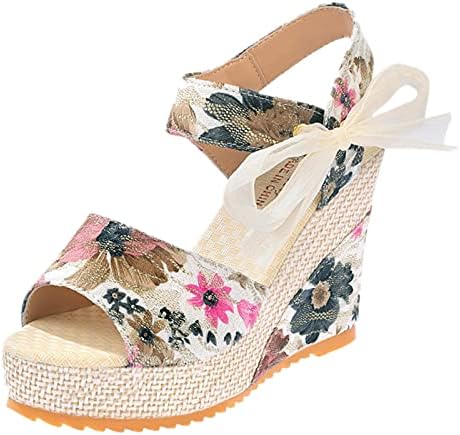 Gufesf Bayan Kama Sandalet, Kadın Platformu Kama Sandalet Burnu açık Dantel Bandaj Çiçek Baskılı Espadrille Ayakkabı