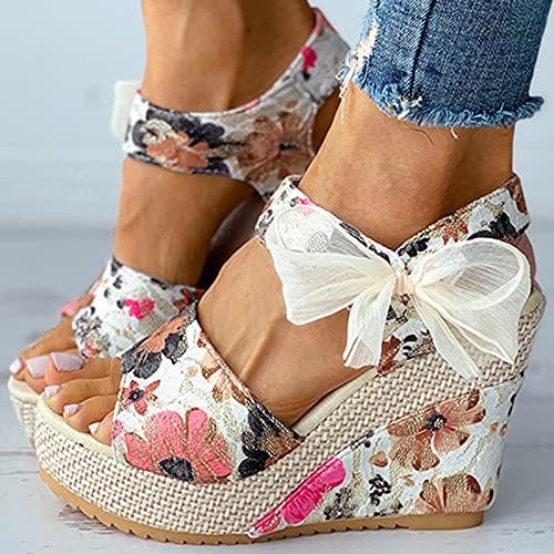 Gufesf Ayakkabı Kadın Sandalet, Kadın Kama Sandalet Burnu açık Dantel Bandaj Çiçek Baskılı Platform Espadrille Ayakkabı