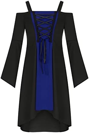 Bayan Yüksek Düşük Gotik Elbise Soğuk Omuz Strappy Tank Elbise Lace Up Parlama Kollu Cadı Cadılar Bayramı Kostüm