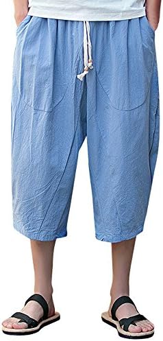 ticcoy Erkek Capri Uzun Şort Diz Altında Gevşek Fit Elastik Geniş Bacak Baggy harem pantolon İpli Rahat Keten Pamuk Kısa