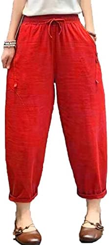 Maiyifu-GJ Kadın Keten İpli Kırpılmış Pantolon Yaz Yumuşak Rahat Elastik Bel Pantolon Geniş Bacak Kırpılmış Pantolon Cepler