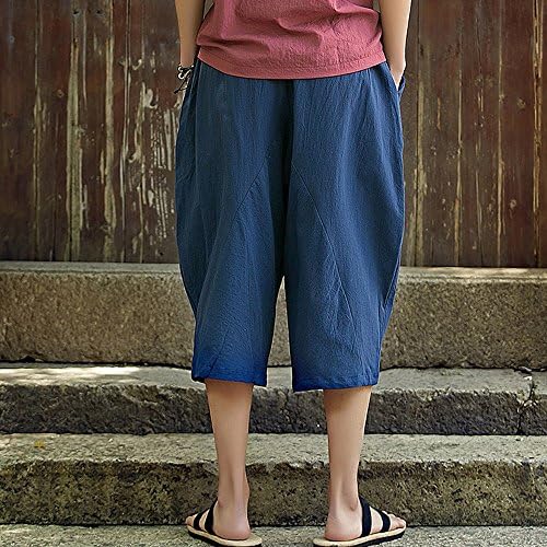 ticcoy Erkek Capri Uzun Şort Diz Altında Gevşek Fit Elastik Geniş Bacak Baggy harem pantolon İpli Rahat Keten Pamuk Kısa