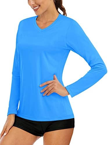 MAGCOMSEN kadın UPF 50 + Uzun Kollu Gömlek V Yaka Güneş Koruma Gömlek Yürüyüş Açık Performans Tee Koşu Egzersiz