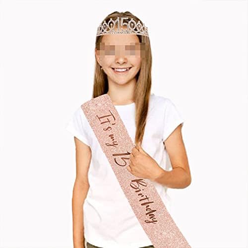 Ceqiny 15th Doğum Günü Kanat Tiara ve Taçlar Kızlar için, Doğum Günü Kraliçe Gül Altın Tiara, prenses Tiara Rhinestone Bantlar