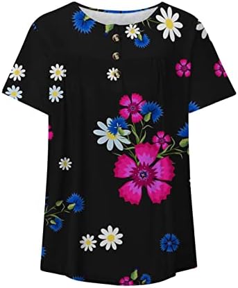 Kadın Üstleri Moda Çiçek Baskılı Henley Gömlek Gevşek Fit Tees Yaz Rahat Kısa Kollu Tunikler Tayt ile Giymek