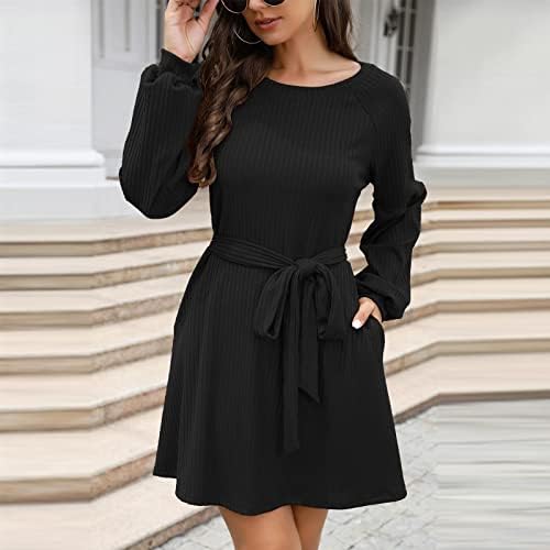 NOKMOPO Uzun Kollu Elbise Kadınlar için Sonbahar Kış Moda Mizaç Örme Kemer Düz Renk Uzun Kollu Elbise