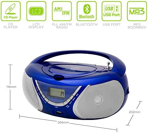 HANNLOMAX HX-321CD3 Taşınabilir CD/MP3 Boombox, AM/FM Radyo, Bluetooth, MP3 Çalma için USB Bağlantı Noktası, Aux girişi (Mavi)