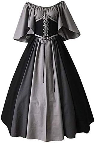 Artı Boyutu Elbise Kadınlar için Ortaçağ Vintage Parlama Kollu Elbiseler Kostüm Gotik Renk Bloğu Rönesans Cosplay Elbise