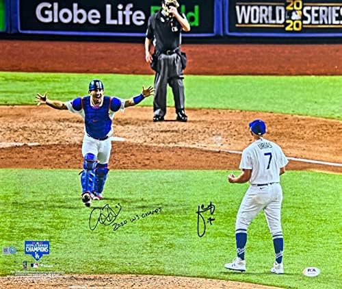 Julio Urias ve Austin Barnes' 2020 WS Şampiyonları ' İmzalı 16x20 Fotoğraf PSA + MLB Sertifikası - İmzalı MLB Fotoğrafları