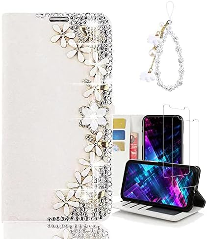 Peri Sanat Kristal Cüzdan Telefon Kılıfı Samsung Galaxy J3 ile uyumlu (2018) - Çiçekler - Beyaz - 3D El Yapımı Sparkly Glitter