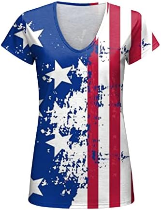 4th Temmuz Gömlek Kadınlar için Yaz Rahat Amerikan Bayrağı T Shirt Kısa Kollu V Boyun Çizgili Kravat Boya Vatansever Bluzlar