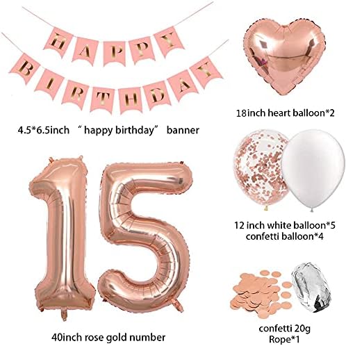 Doğum Günü Süslemeleri Pembe Mutlu Doğum Günü Afiş 40 inç Gül Altın Numarası 15 Balonlar Gül Altın konfeti balonları 1 Çapı