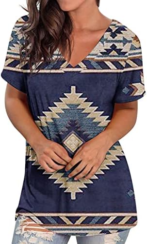 Kadın Yaz Aztek Üstleri Batı Etnik Tarzı Geometrik Baskı Gömlek Kısa Kollu V Boyun Gevşek T-Shirt Bluzlar