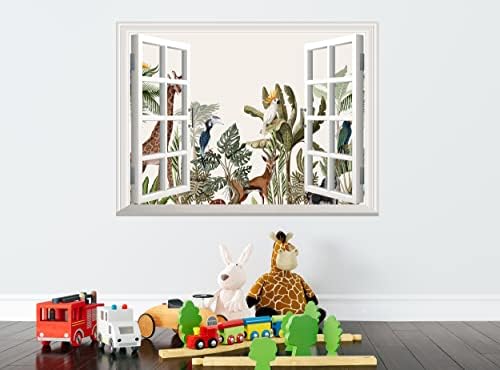 Safari Hayvanlar Duvar süslü çıkartmalar 3D Sahte Pencere Duvar Sticker Orman Tema Çocuklar Çıkarılabilir Kreş Posteri Vinil