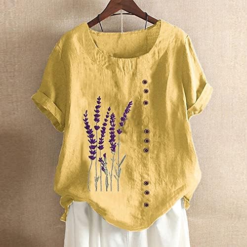 Yaz Sonbahar Brunch Bluz Gömlek Bayanlar için Kısa Kollu Elbise Crewneck Keten Pamuk Çiçek Grafik Gevşek Fit Hula Üst