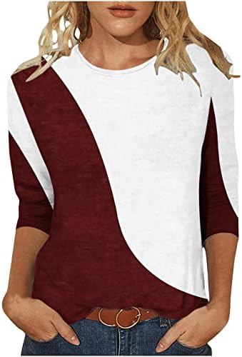 Kadınlar 2023 Moda Geometrik Renk Bloğu T Shirt Bahar Rahat 3/4 Kollu Tunik Üstleri Ekip Boyun Slim Fit Bluz Genç Kızlar