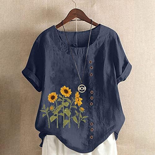 Tuianres Yaz Üstleri Kadın Düğmeleri Pamuk Keten Ayçiçeği baskı t-shirt Artı Boyutu Kısa Kollu Temel Tee Gevşek Fit Bluz