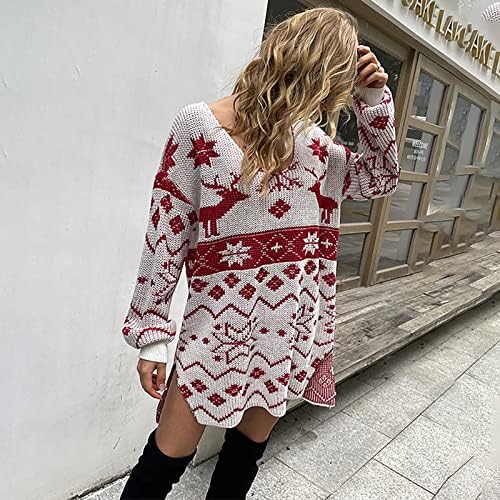 Kadın Noel Kazak Elbiseler Komik Ren Geyiği Örgü Uzun Kollu Seksi Düşük Kesim Elbise Yan Bölünmüş Gevşek Fit Tunik Elbise