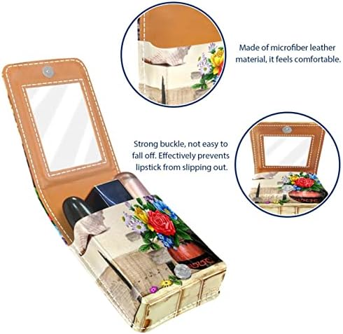 Çanta için Ayna ile Mini Ruj Kılıfı, Retro Çiçek Vazo Taşınabilir Kılıf Tutucu Organizasyon