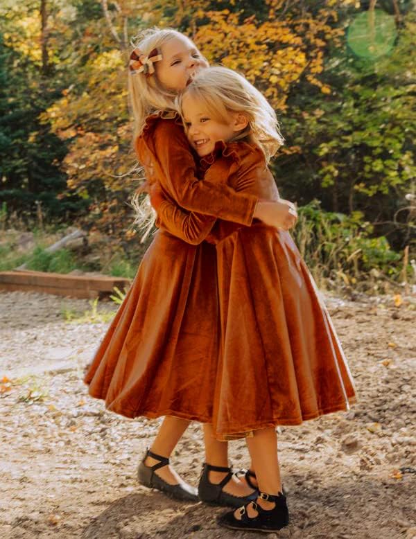 Arshiner Kızlar Uzun Kollu Elbise Kadife Ekip Boyun Midi Güz Vintage Düz Elbise Çocuklar için 4-13Y