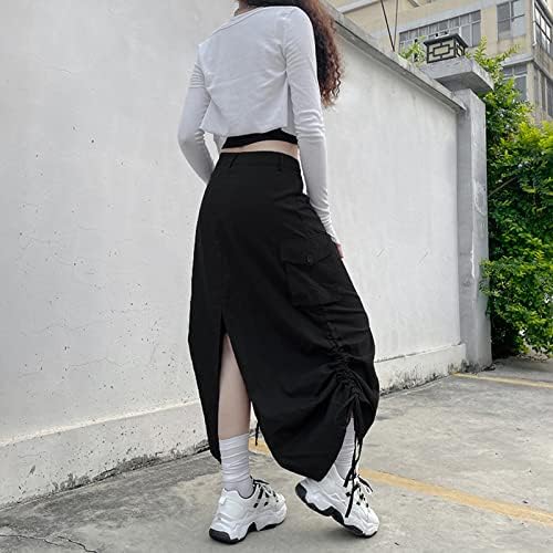 Kadın Kargo Uzun Etek Ayarlanabilir İpli Düz Renk Gevşek Fit Cepler Grunge Y2k Yaz Streetwear