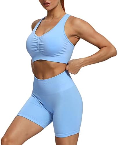 Aoxjox Varlık Dikişsiz Egzersiz Setleri Kadınlar için Spor Sütyen Biker şort takımı 2 Parça Yoga Spor Kıyafetleri 5
