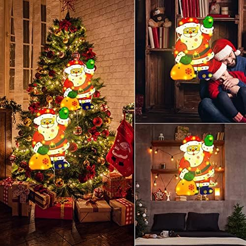 Noel ağacı LED süslemeleri, yeni yıl noel aydınlatma pencere ışıkları siluet Noel baba hediye çantası ile, noel partisi ekran