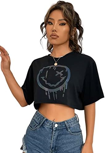 SweatyRocks kadın Rahat Kısa Kollu Yuvarlak Boyun Yansıtıcı Grafik Baskı Kırpma Üst Tee Gömlek
