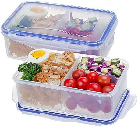 KIGI [2 Paket] 38.9 oz Dikdörtgen Plastik Bento Kutusu 3 Bölmeli Hava Geçirmez Gıda saklama kapları BPA İçermeyen Mutfak