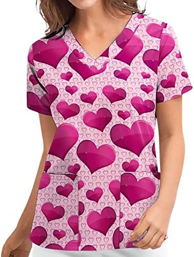 Yaz kadın Hemşirelik Üstleri Aşk Baskı Cepler Tişörtleri V Yaka Üniforma Çalışma Giyim Gömme Kısa Kollu Tee