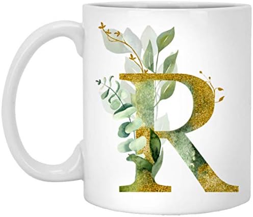 Alfa / R Grafik Mektubu R Kahve Kupa-Alfabe Mektubu Monogramı R-Altın Pırıltılı Herhangi Bir Harf Çiçek Alfabesi Çay Kahve