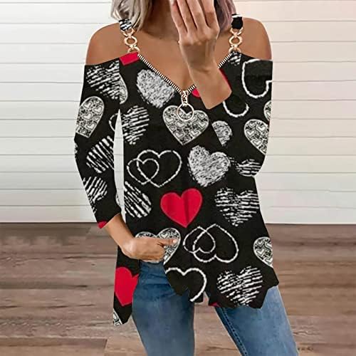 Sevgililer Günü Kapalı Omuz Üstleri Kadınlar için Zincir Strappy Tunik Bluz Tayt Zip V Yaka Uzun Kollu Dökümlü Gömlek