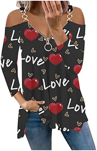 Sevgililer Günü Kapalı Omuz Üstleri Kadınlar için Zincir Strappy Tunik Bluz Tayt Zip V Yaka Uzun Kollu Dökümlü Gömlek