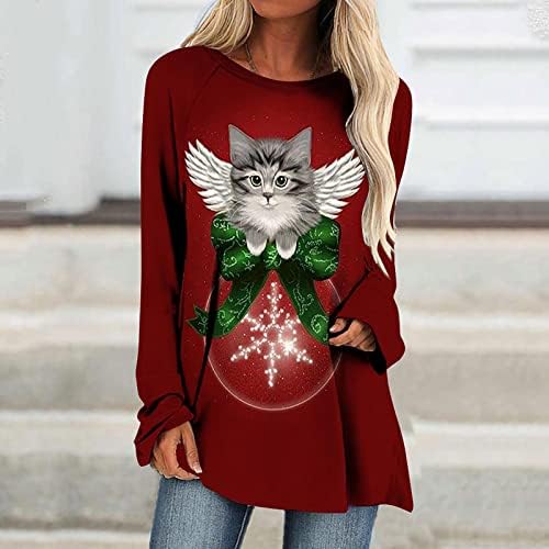 Noel Tops Tunik Bluz Kadınlar için Sevimli Kedi Baskılı Uzun Kollu Ekip Boyun bol tişört Uzun Noel Kazak Tees