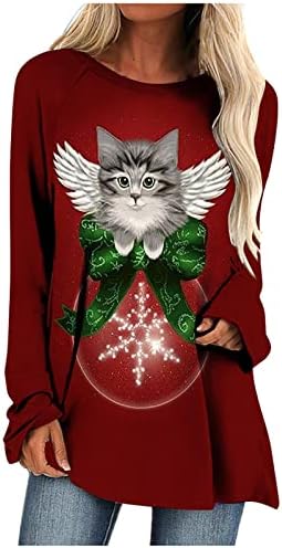 Noel Tops Tunik Bluz Kadınlar için Sevimli Kedi Baskılı Uzun Kollu Ekip Boyun bol tişört Uzun Noel Kazak Tees