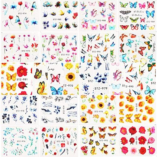 18 Yaprak Kelebek Tırnak Çıkartmalar, Su Transferi DIY Renkli Çiçekler ve Kedi Tırnak Çıkartmaları Tırnak Sanat Malzemeleri